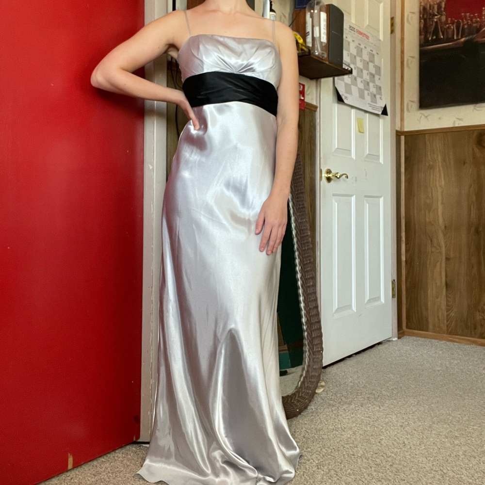 silver satin y2k maxi dress with black satin sash